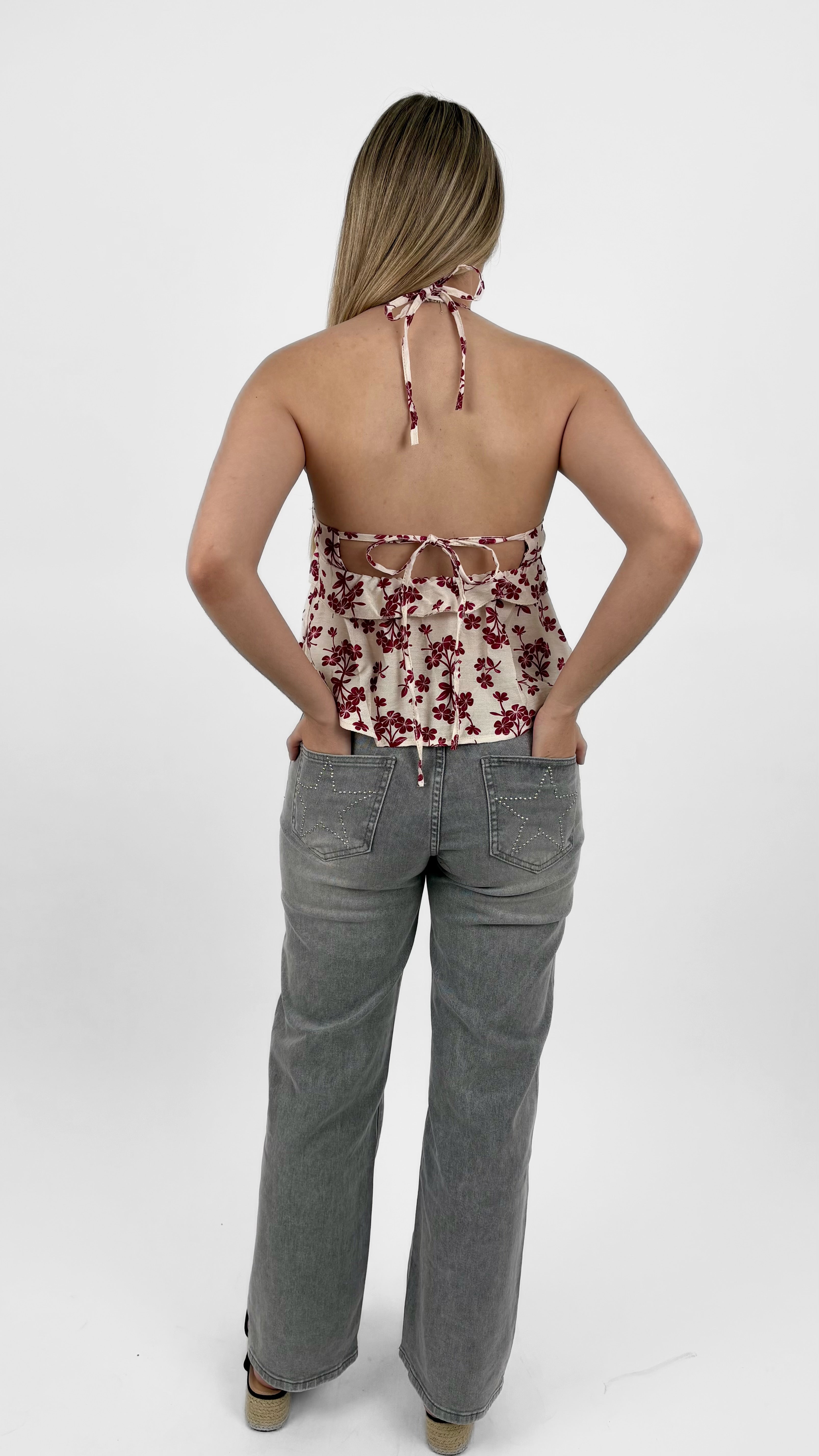 Top halter floral beige y buganvilla