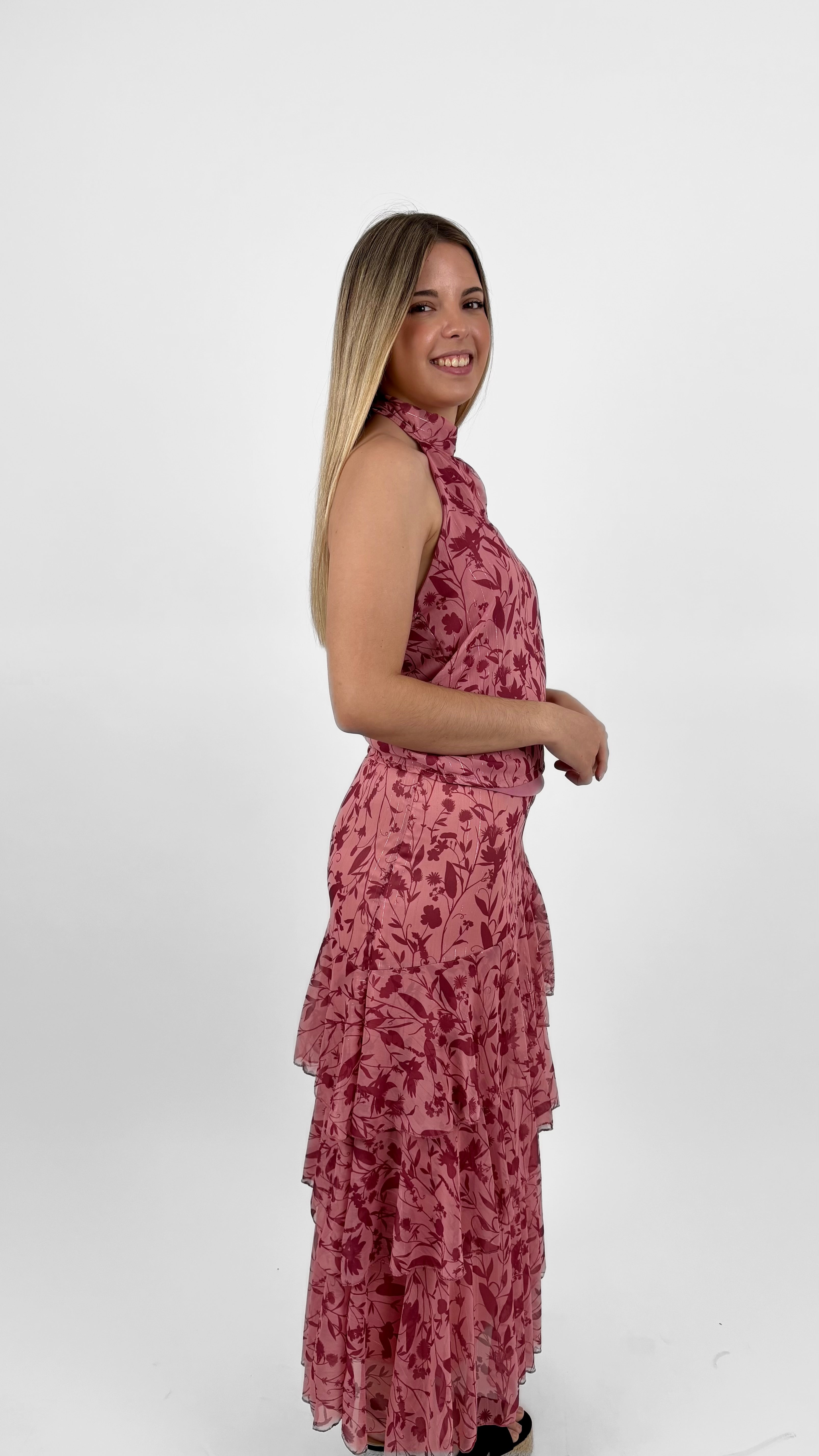 Conjunto halter floral rosa