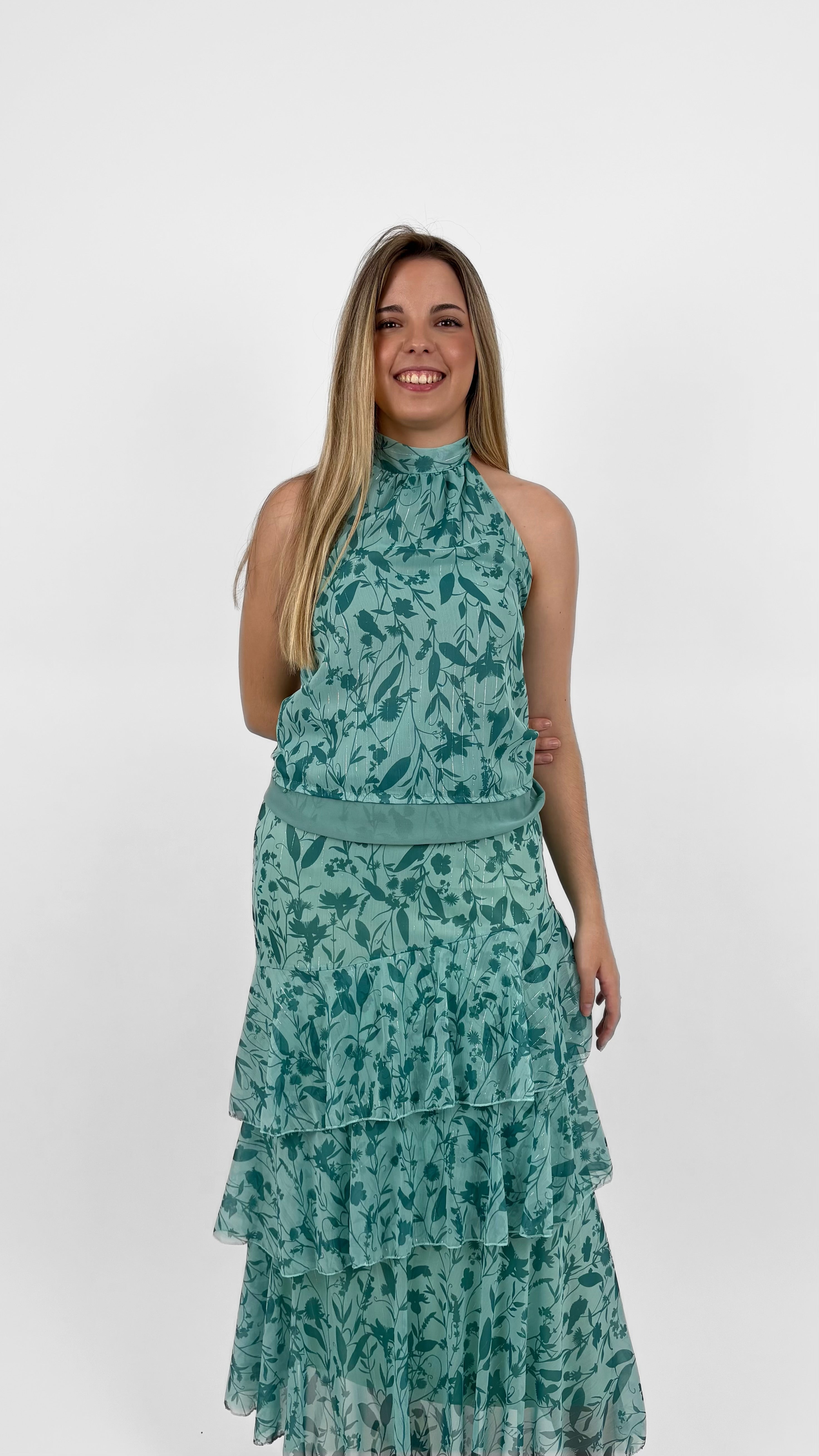 Conjunto halter floral azul turquesa