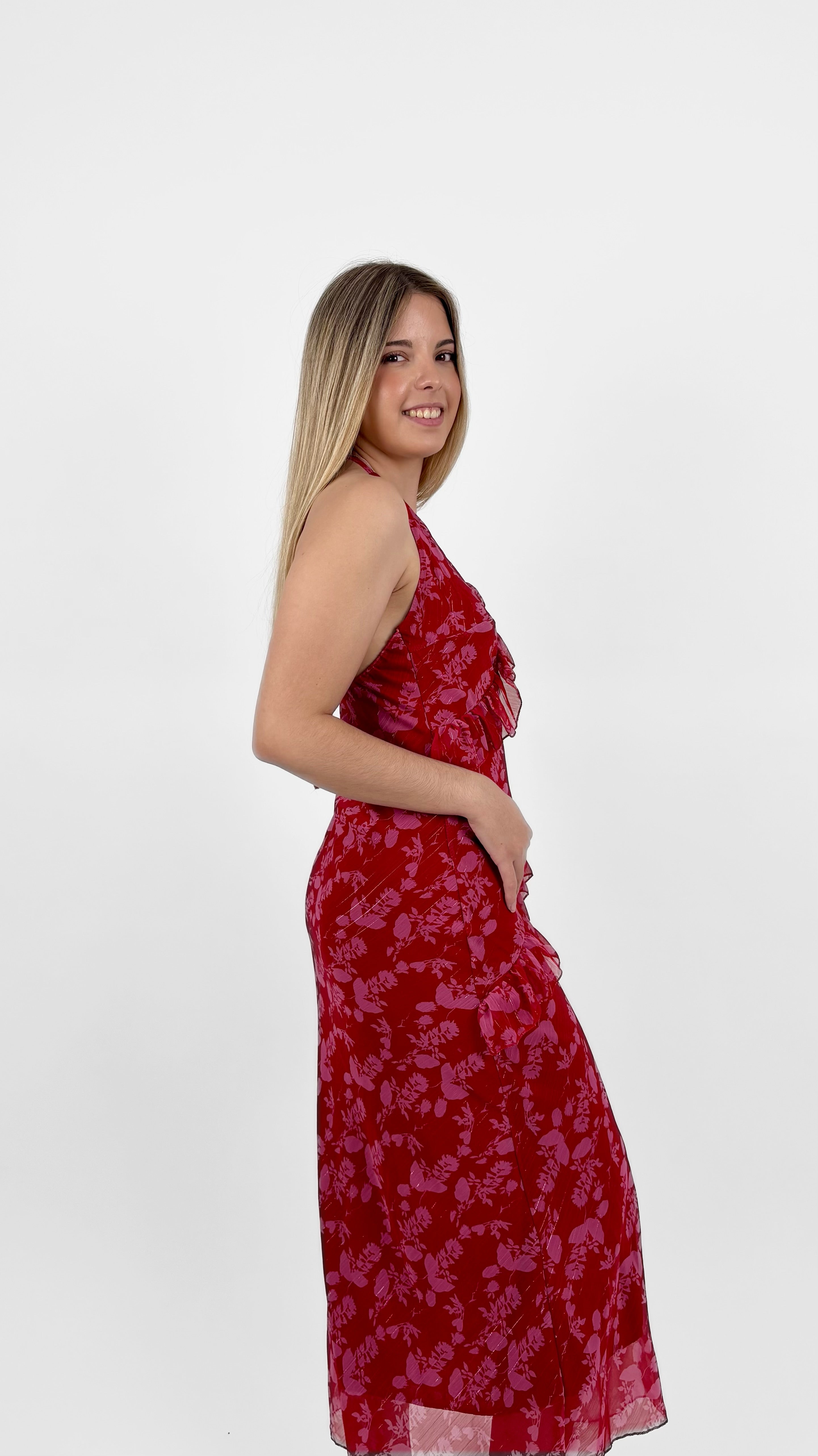 Vestido largo halter floral rojo