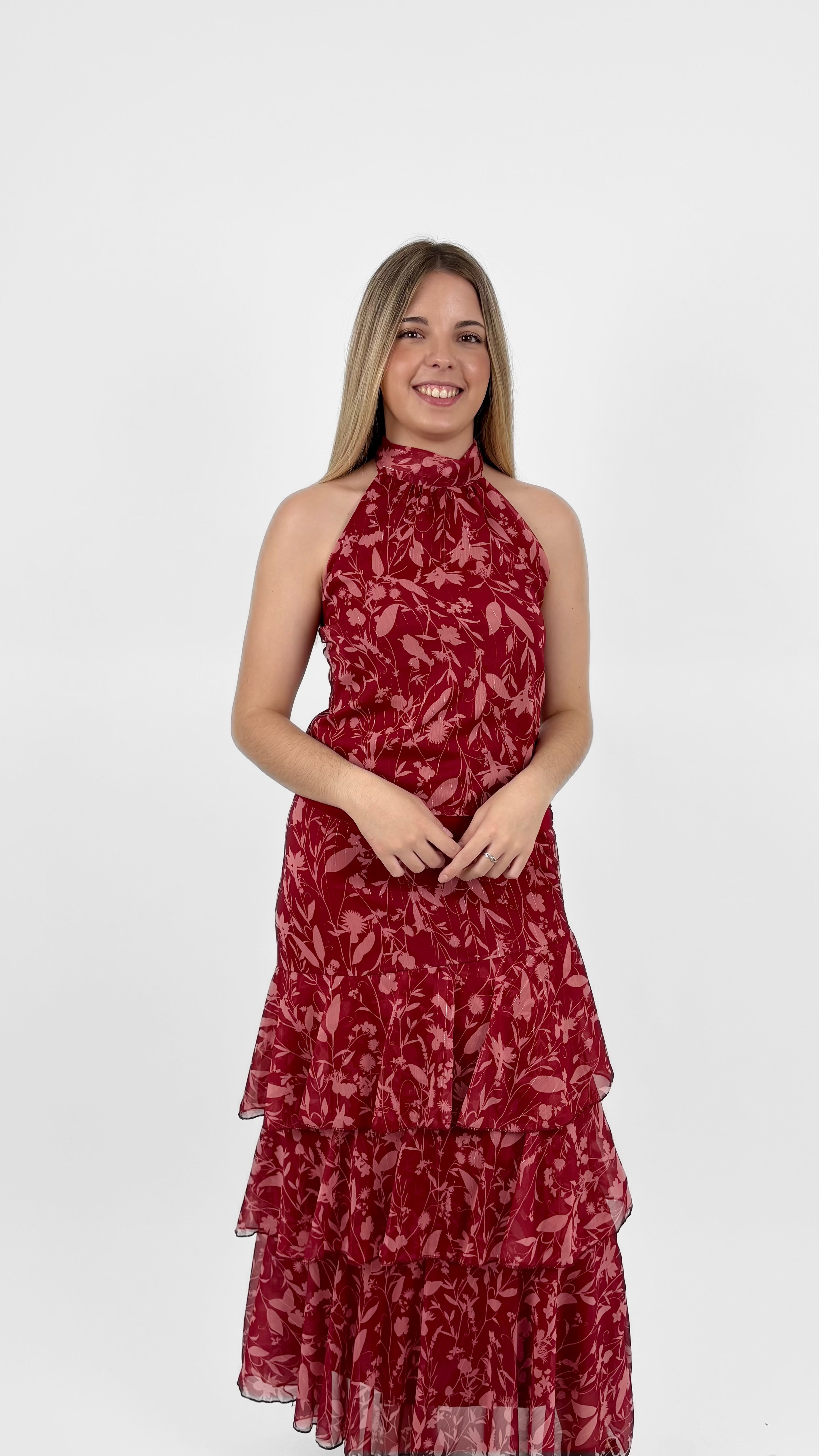 Conjunto halter floral rojo