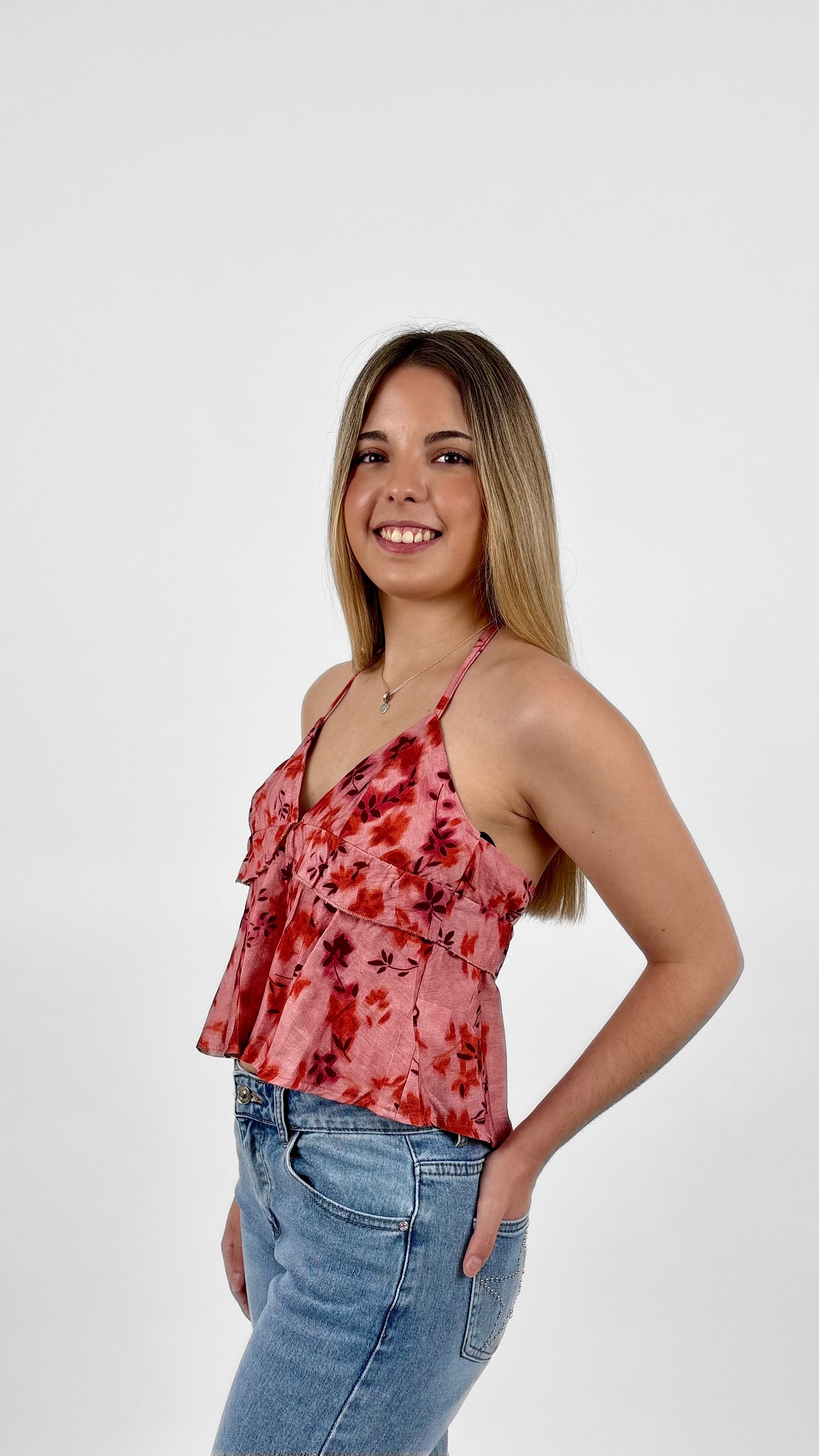 Top halter floral rosa