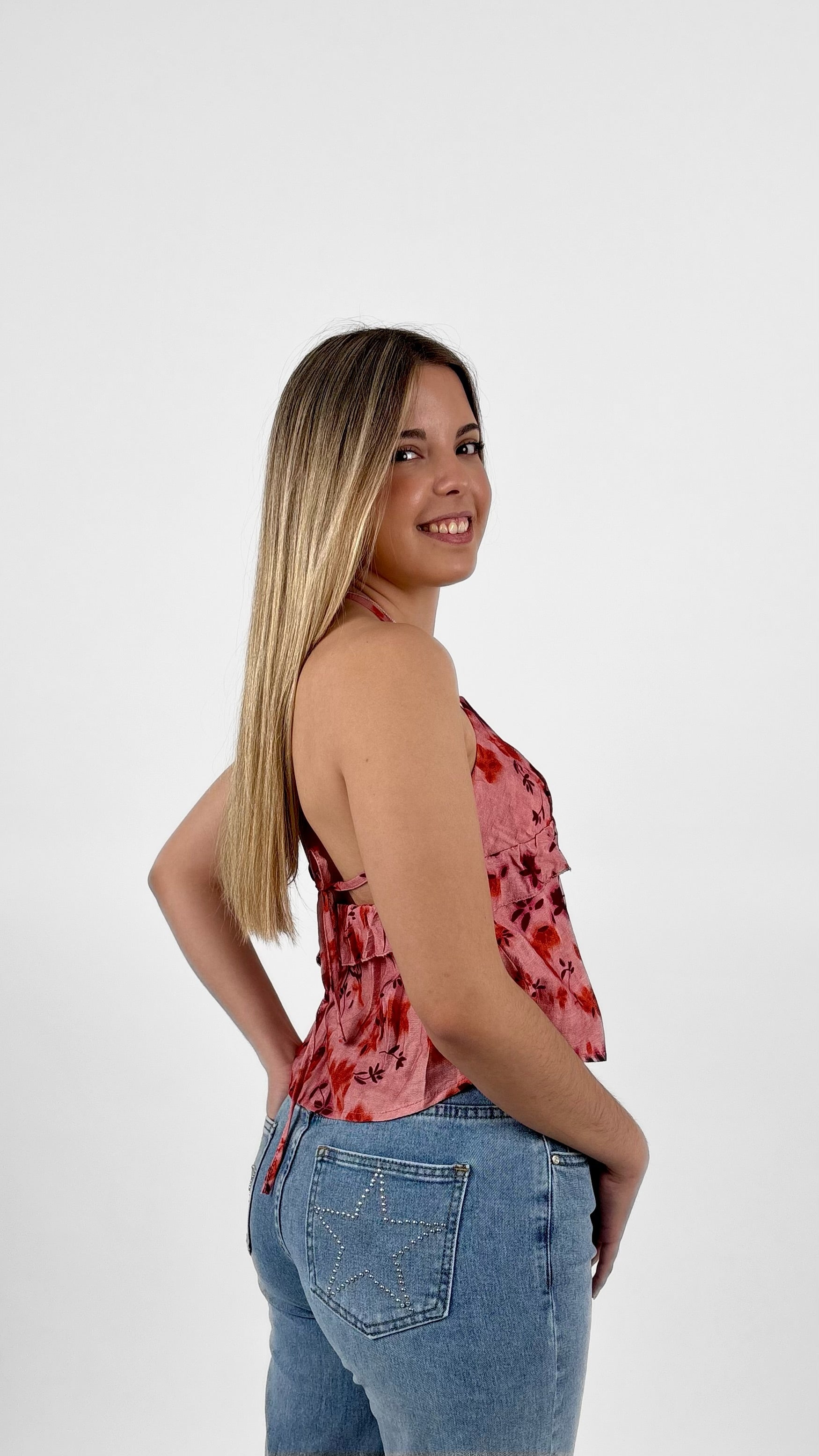 Top halter floral rosa