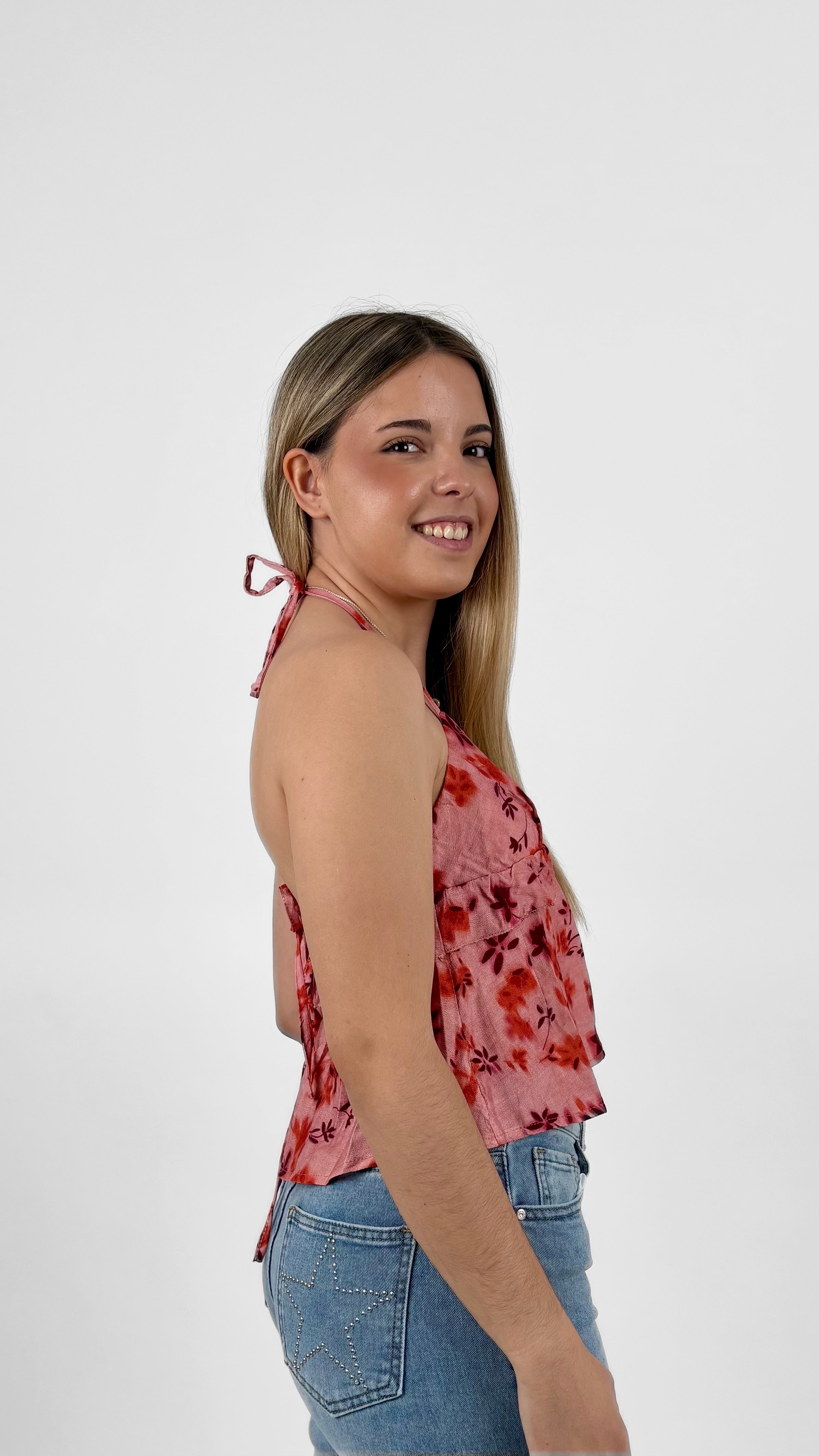 Top halter floral rosa