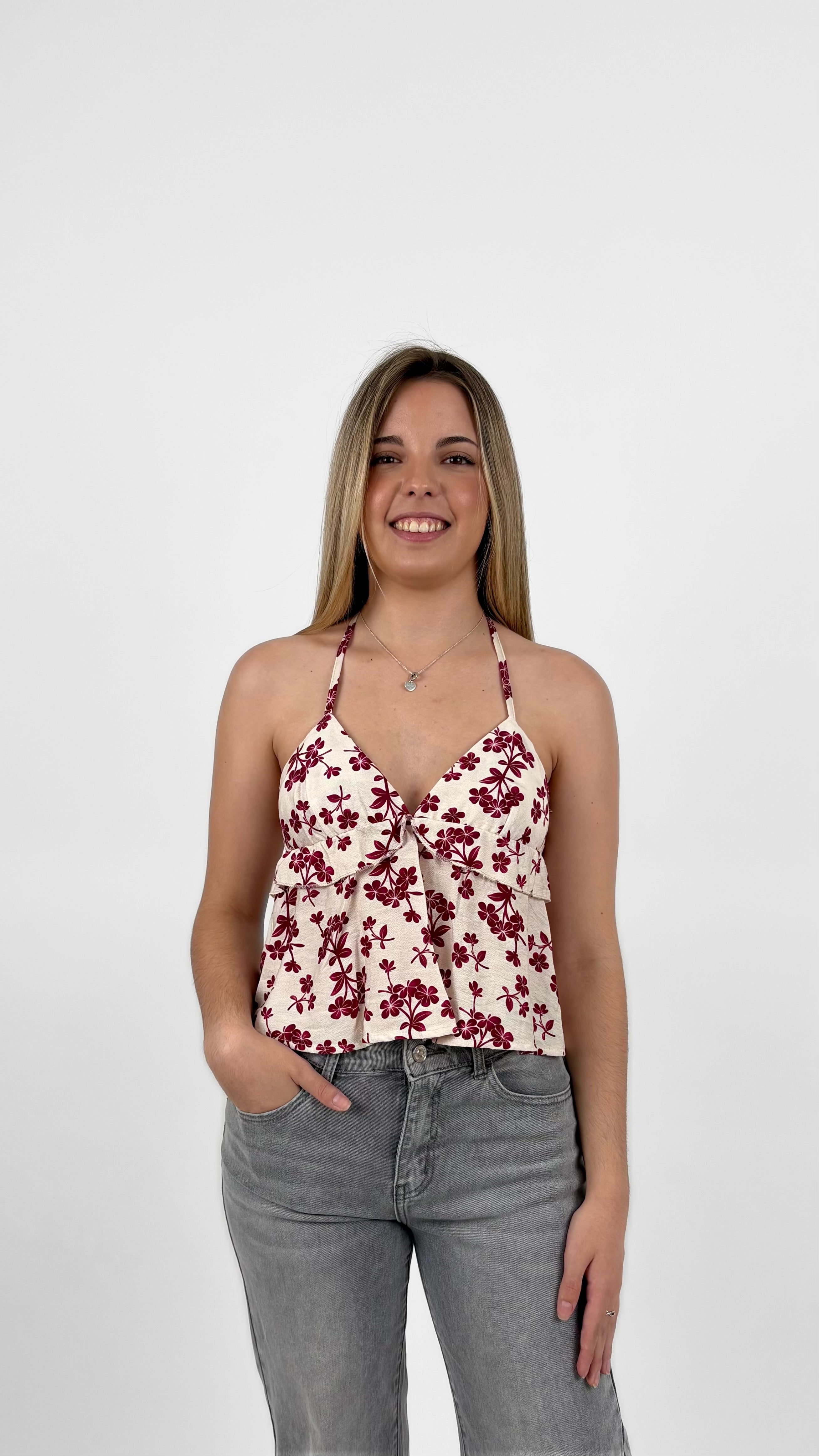 Top halter floral beige y buganvilla