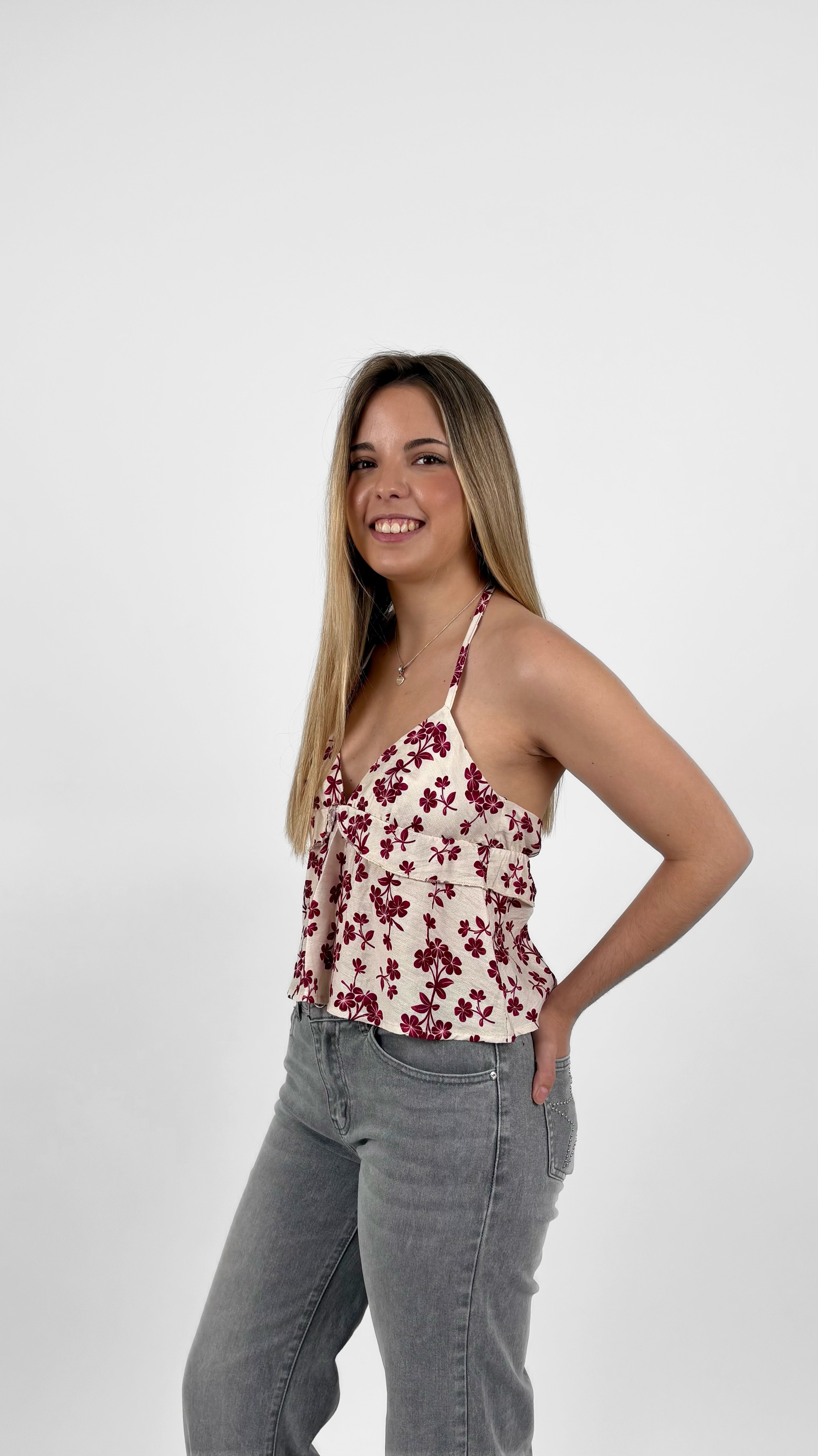Top halter floral beige y buganvilla
