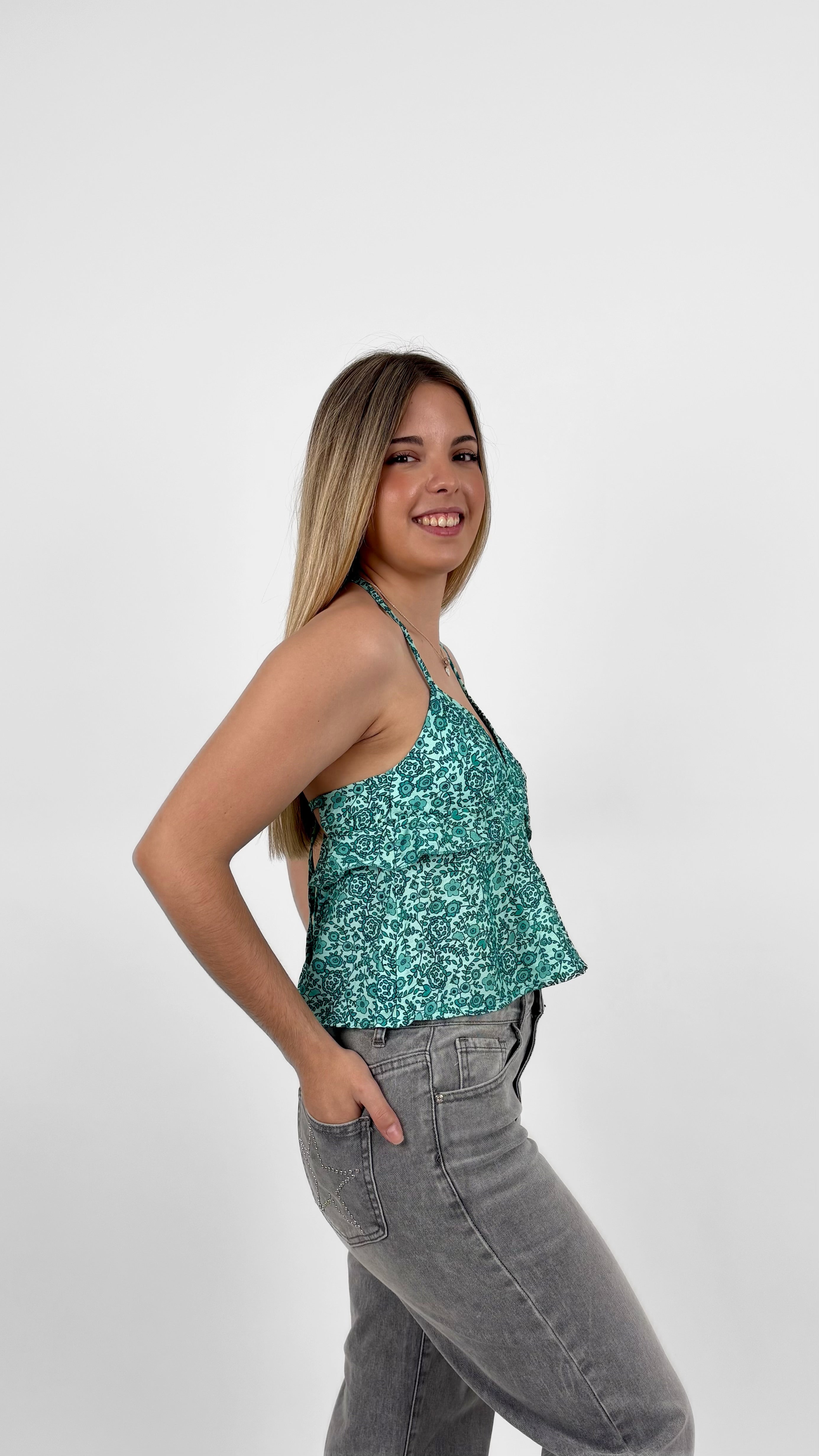 Top halter floral azul turquesa