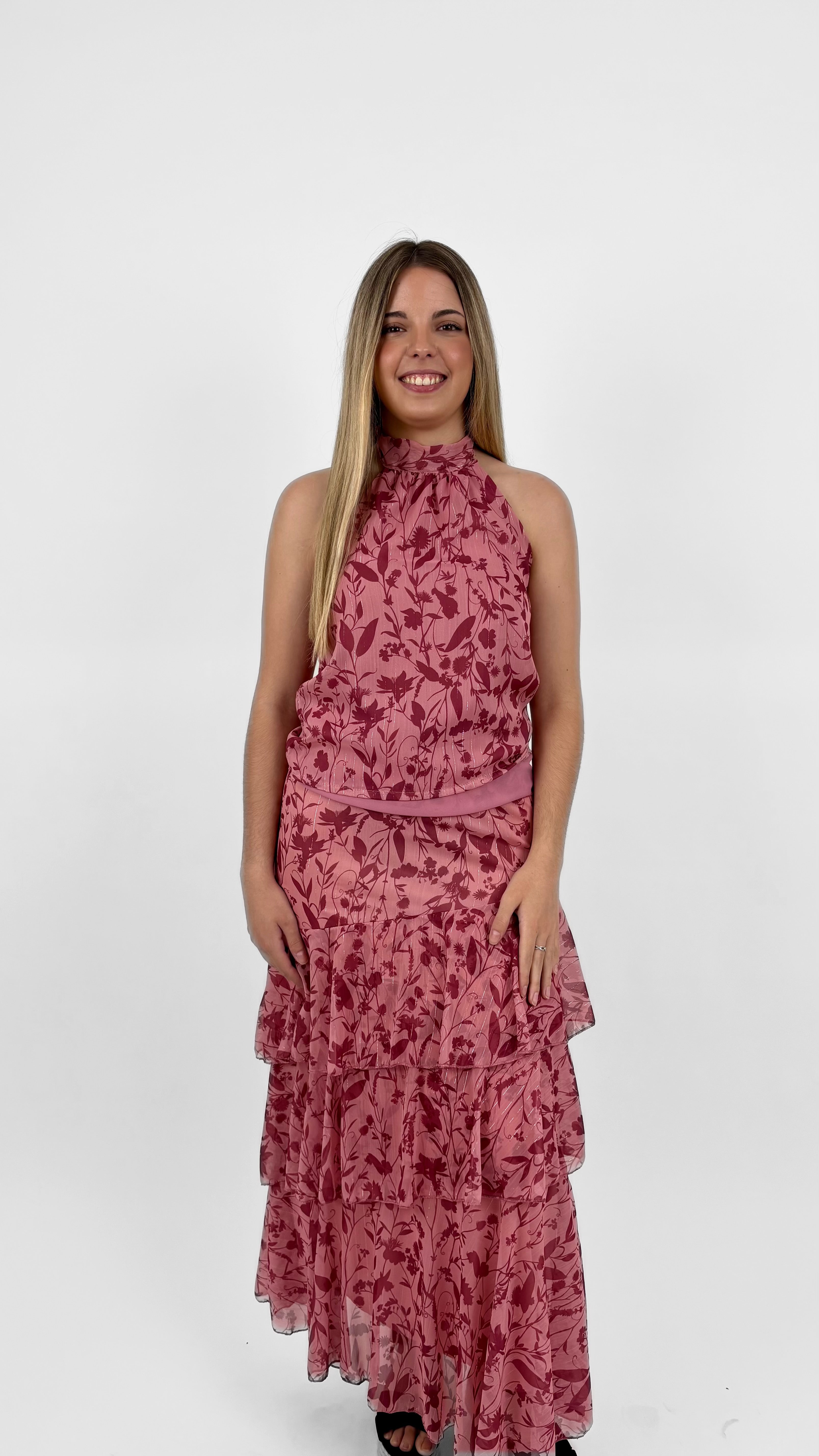 Conjunto halter floral rosa