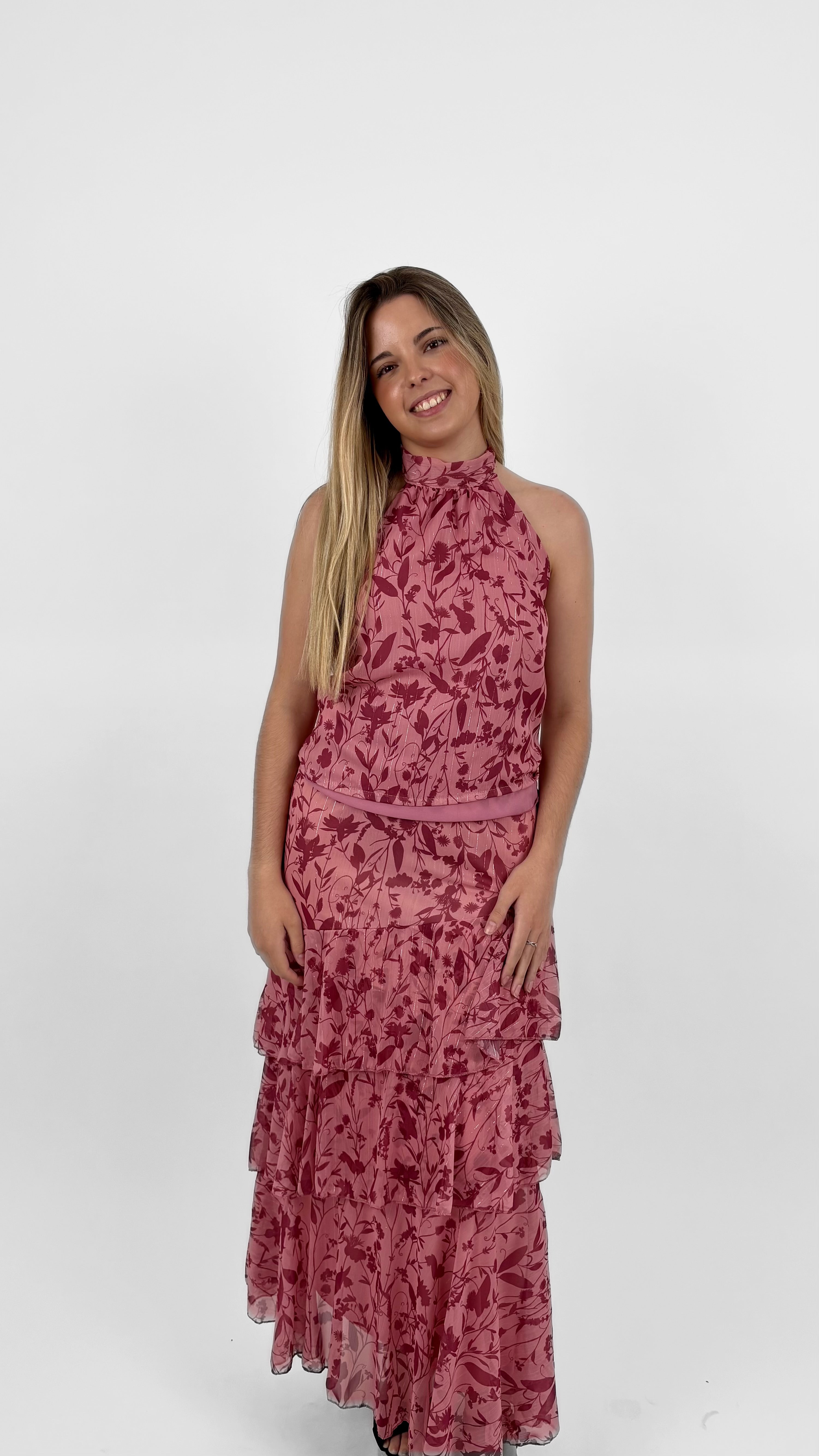 Conjunto halter floral rosa