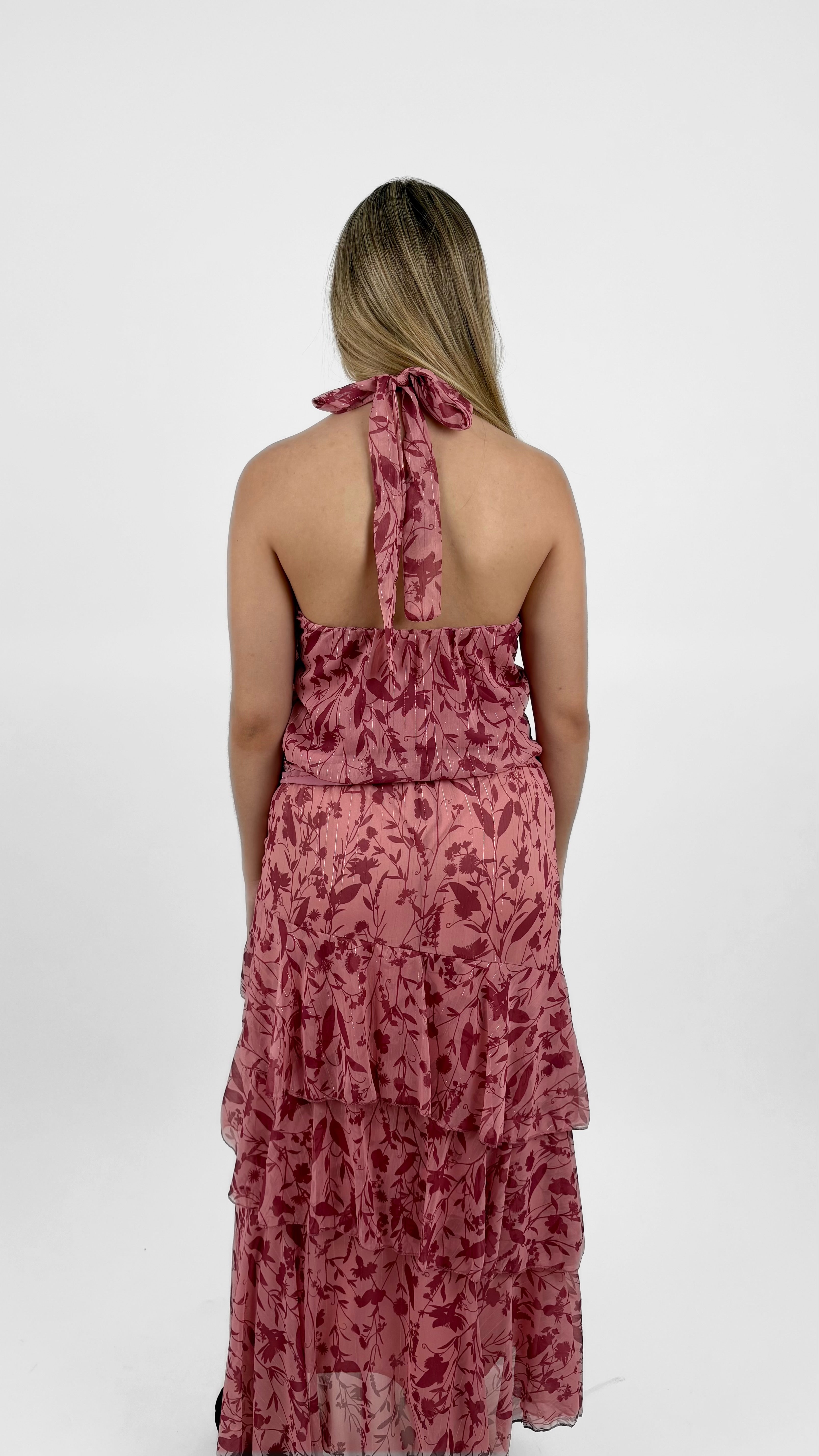 Conjunto halter floral rosa