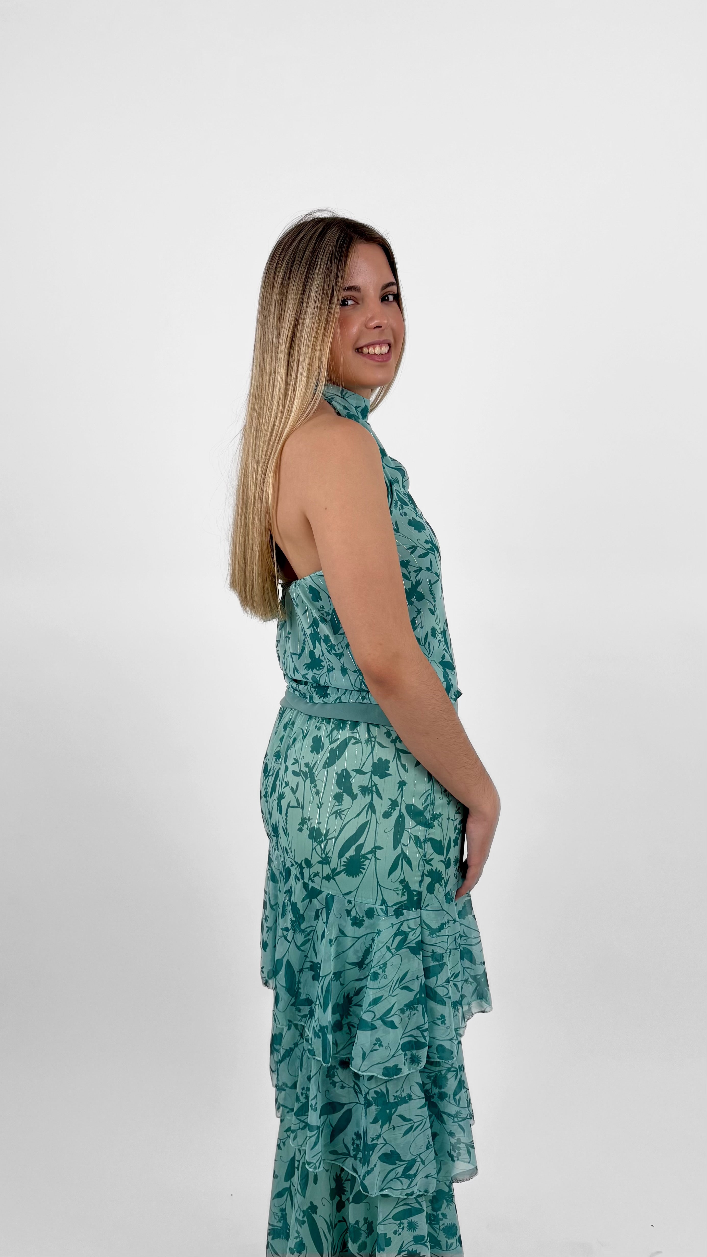 Conjunto halter floral azul turquesa