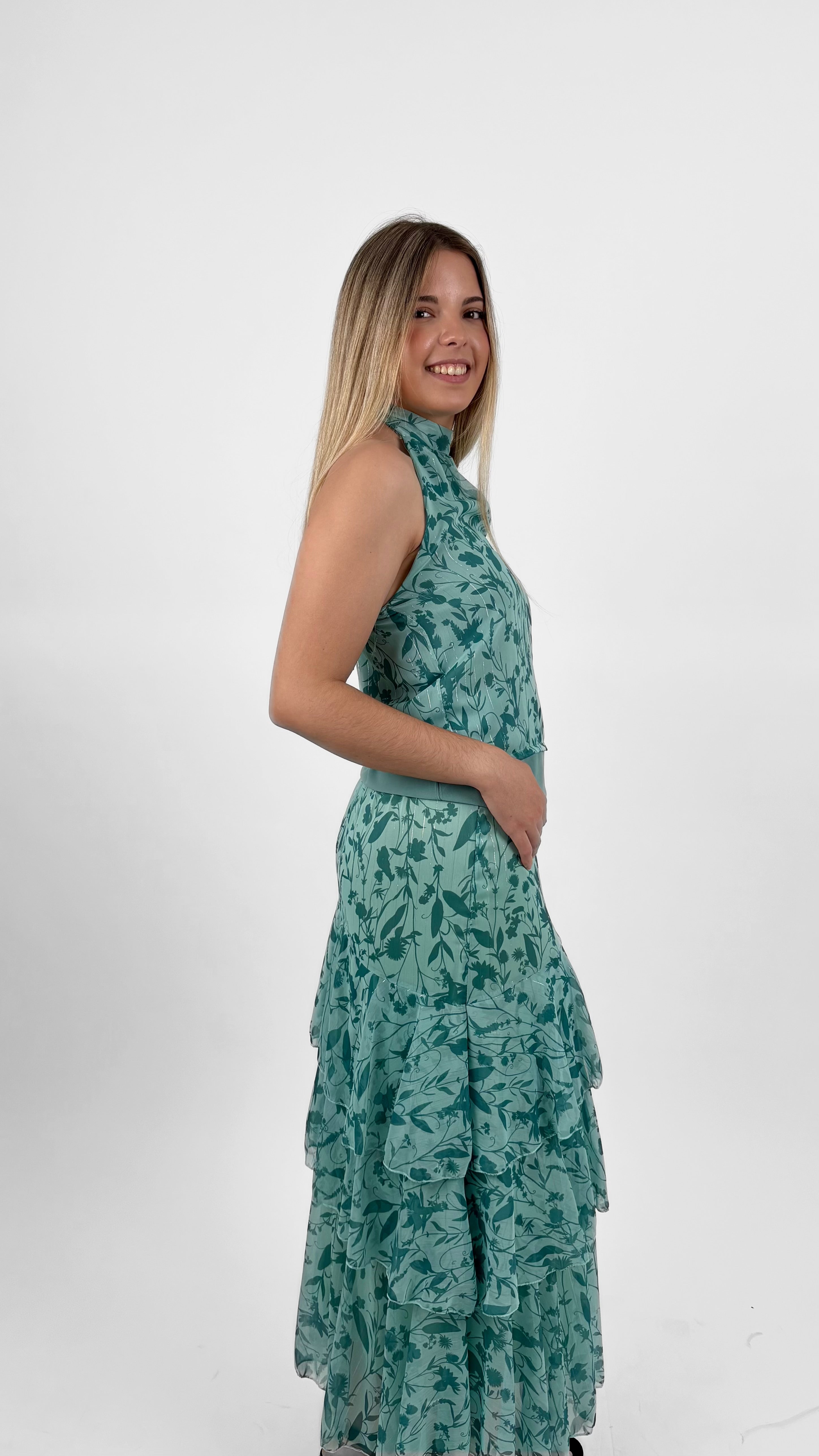 Conjunto halter floral azul turquesa