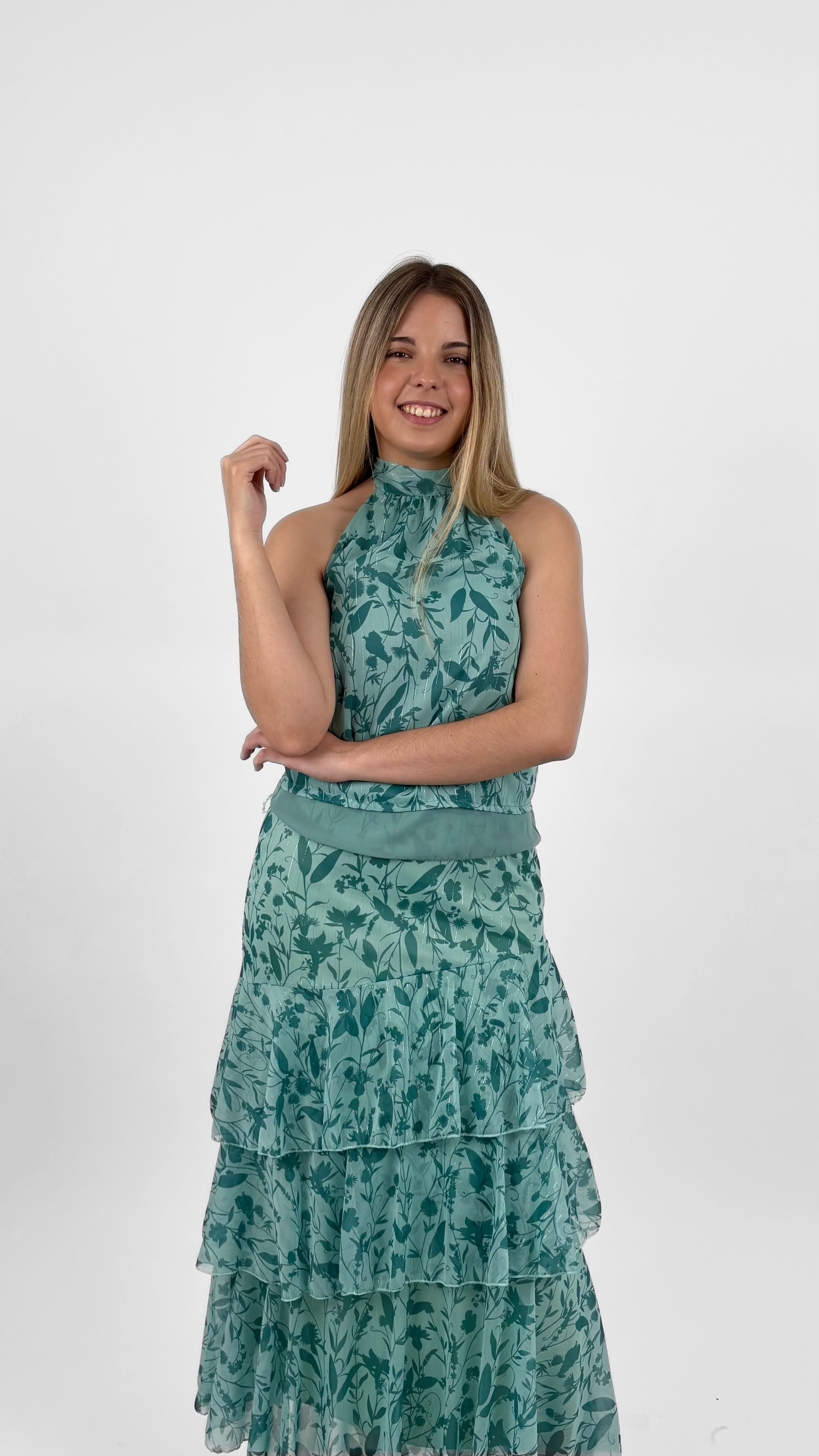 Conjunto halter floral azul turquesa