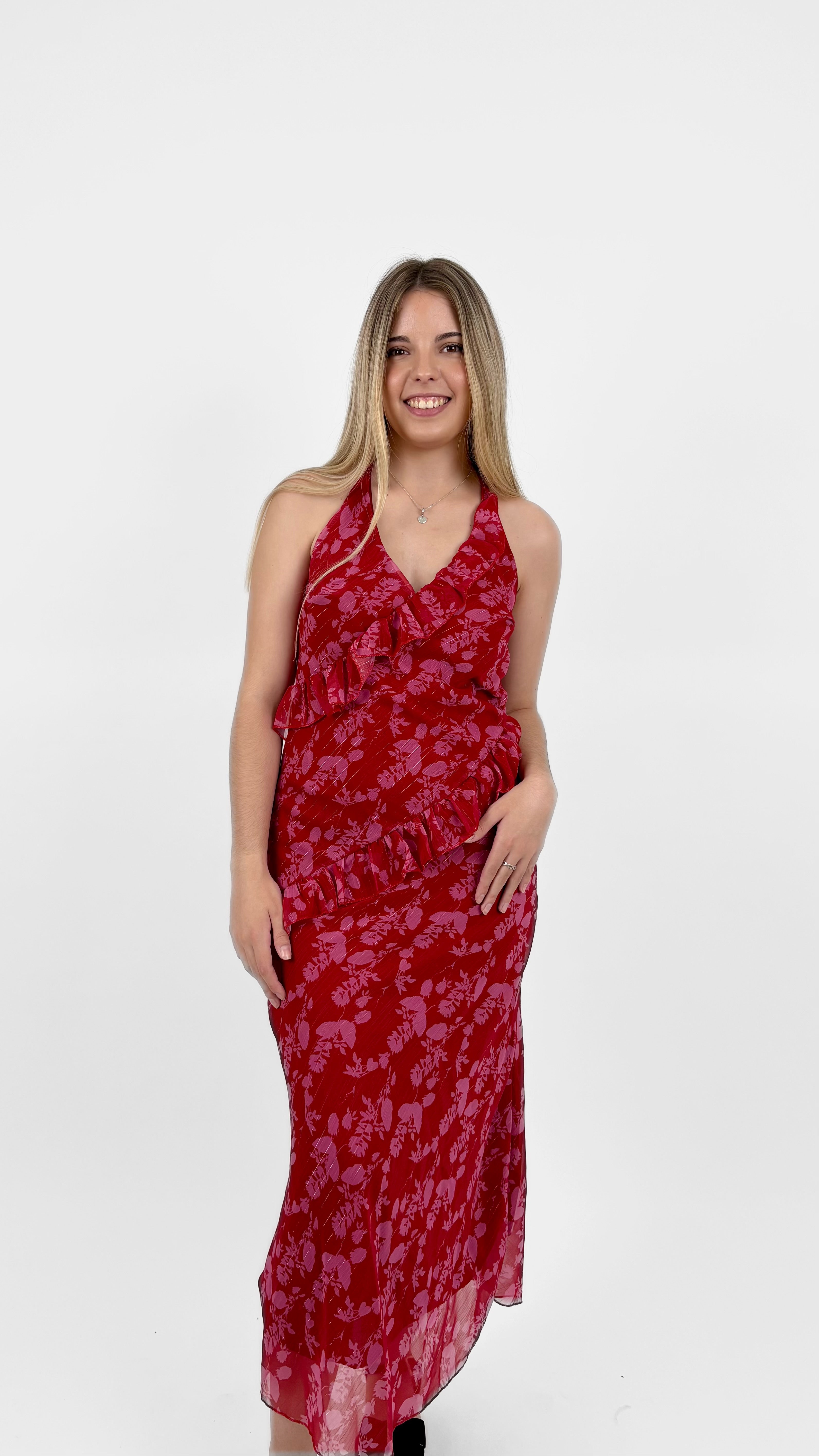 Vestido largo halter floral rojo