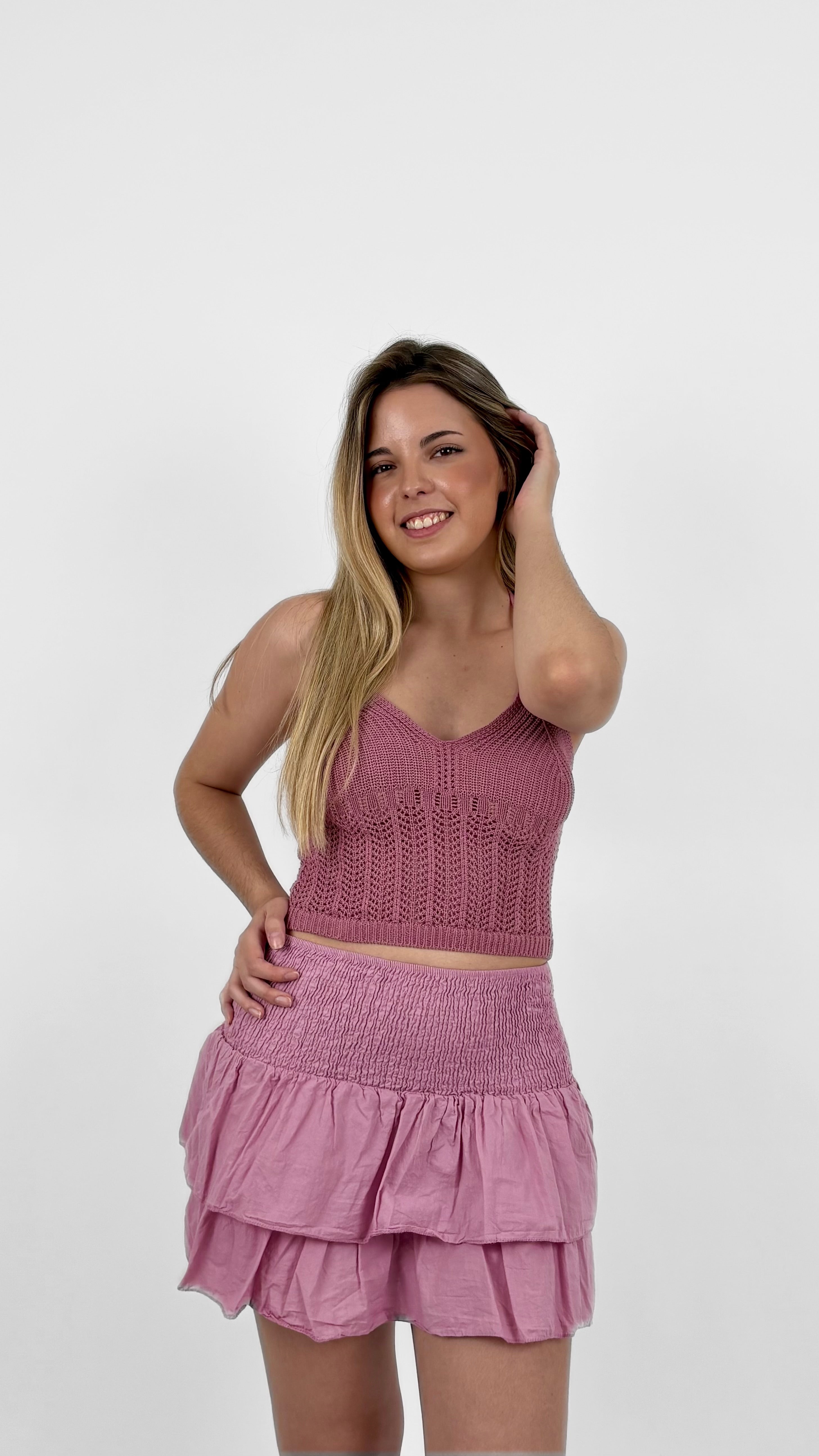 Minifalda pantalón volantes rosa